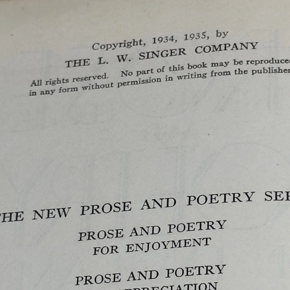 L.W. Singer Prose and Poetry of England Brown Hardcover 1935 Vintage Literature